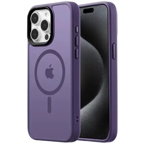 Tigowos iPhone 15 Pro uchun mos keladigan MagSafe 10FT ga tushishga chidamli mato terisi bilan qoplangan alyuminiy qotishma tugmalari iPhone 15 Pro telefon qutilariga mos keladi, to'q binafsha 