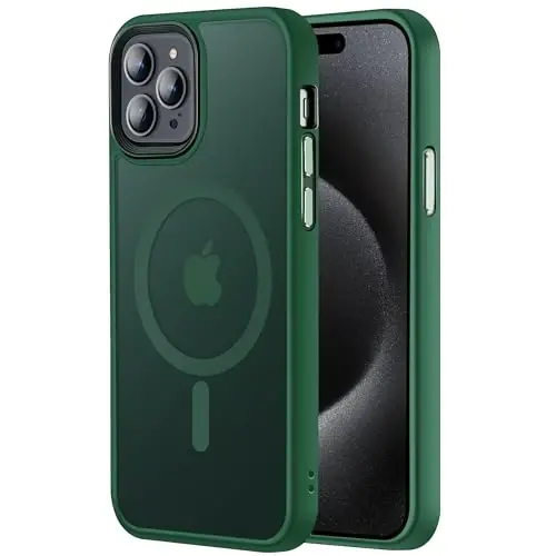 Tigowos iPhone 15 Pro uchun mos keladigan MagSafe 10FT tushishga chidamli mato terisi orqa qopqog'i alyuminiy qotishma tugmachalari iPhone 15 Pro telefon qutilariga mos keladi, yashil - 1
