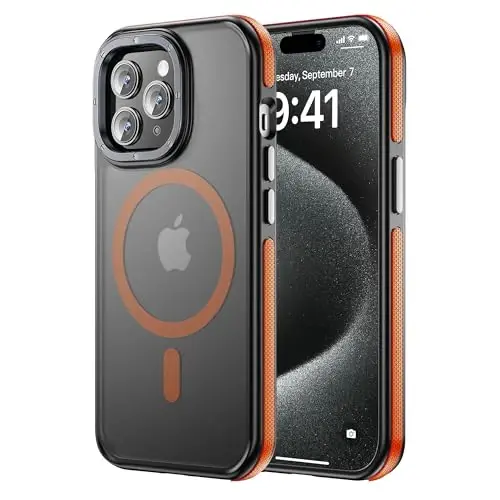 Tigowos iPhone 15 Pro uchun telefon g‘ilofi MagSafe 10FT tushishga chidamli mato teri iPhone 15 Pro g‘ilofi uchun orqa qopqoq, bamper apelsin 