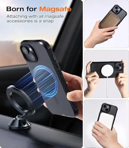 Tigowos iPhone 15 uchun Bumper gʻilofi MagSafe 15FT ga mos tushadi, tushishga chidamli, sargʻayishga qarshi, ogʻir yuk koʻtaruvchi zarbga chidamli orqa qopqoq iPhone 15 telefon gʻiloflariga mos keladi 6.1