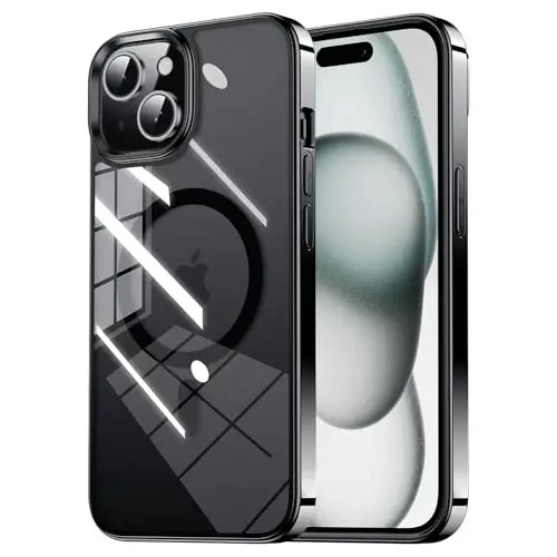 Tigowos iPhone 15 uchun magnitli gʻilof MagSafe bilan mos 10FT ga tushishga chidamli sargʻayishga qarshi ogʻir yukga bardoshli zarbga chidamli orqa qopqoq iPhone 15 telefon gʻiloflariga mos 6,1 dyuym, silliq shaffof qora - 1