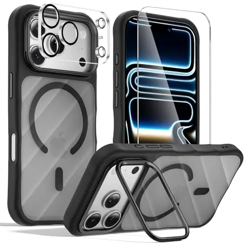 Tigowos 3-in-1 Set for iPhone 17 Pro Max Case with Camera Stand [1 Screen Protector & 1 Camera Lens Protector][Fits MagSafe][Shockproof & Magnetic][Translucent Matte] Fashion Phone Case (Black) 