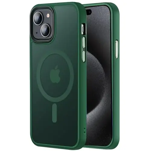 Tigowos Magnetic for iPhone 15 Case, Matte Green | Compatible with MagSafe, 15FT Drop Resistant, Skin-Touch Feeling, Aluminum Alloy Buttons, Shockproof Back Cover - 1