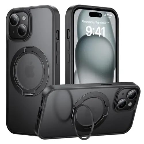 Tigowos Magnetic for iPhone 15 Case with 360° Rotating Stand, Drop Resistant Matte Skin Feeling Back Cover Shockproof Slim Fit for iPhone 15 Phone Case, Black-Stand - 1