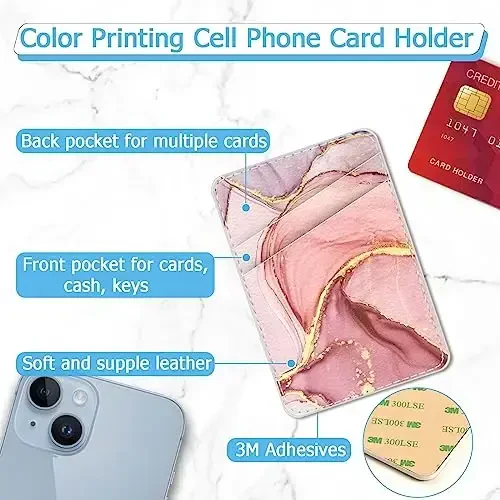 TIHYWR Leather Phone Wallet Stick on，Card Holder for Phone Case，Credit Card Back Paste Wallet，Suitable for iPhone, Samsung, Android and Most Smart Phones， Pink Marble - 2
