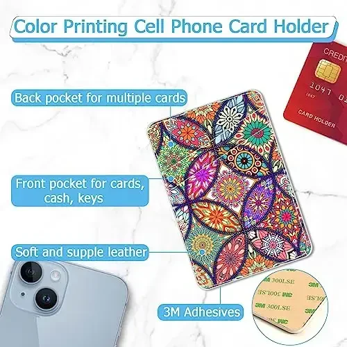 TIHYWR Leather Phone Wallet Stick on，Card Holder for Phone Case，Credit Card Back Paste Wallet，Suitable for iPhone, Samsung, Android and Most Smart Phones，Five Color Flowers - 2