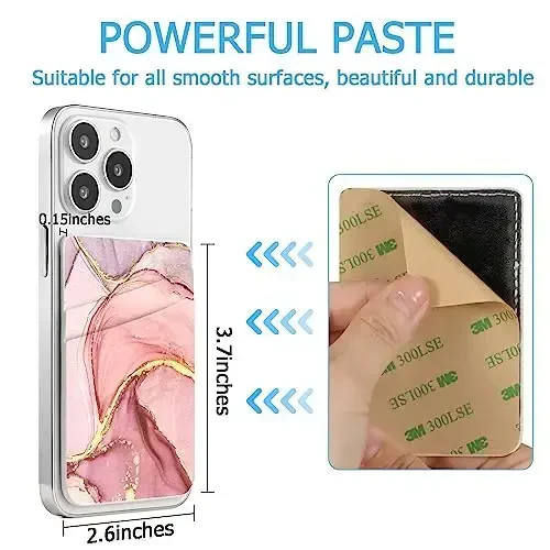 TIHYWR Leather Phone Wallet Stick on，Card Holder for Phone Case，Credit Card Back Paste Wallet，Suitable for iPhone, Samsung, Android and Most Smart Phones， Pink Marble - 3
