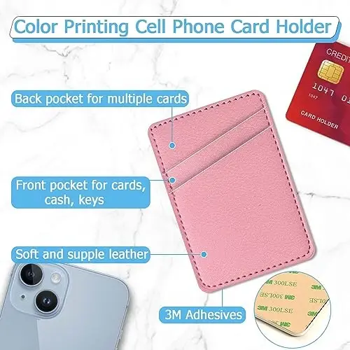 TIHYWR Pink Leather Phone Card Holder Wallet, Stick-Back, 2-Card Slot, Moisture-Resistant Adhesive, Women's Fashion-Conscious Style-Aware Phone Wallet - 2