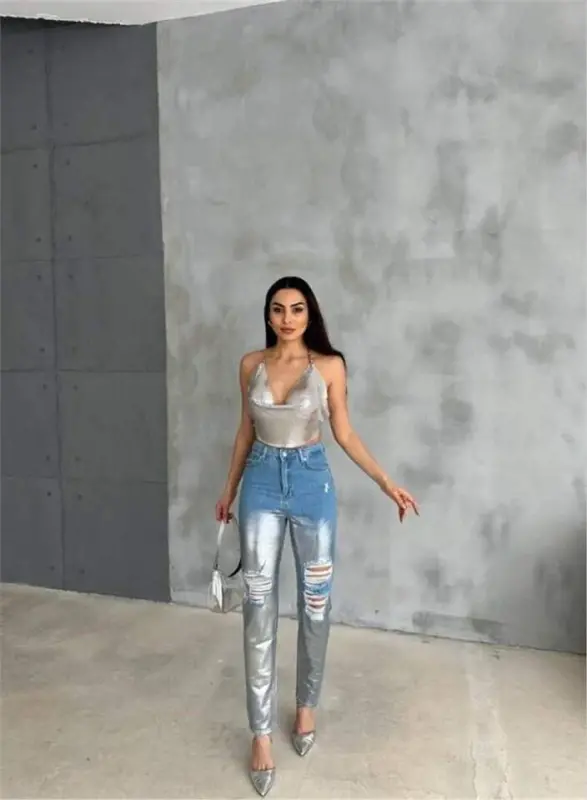 TIK TESHIK VARAQLI MOM KOT PANTOLON - Kumush - BÜYÜKBEDENIZ