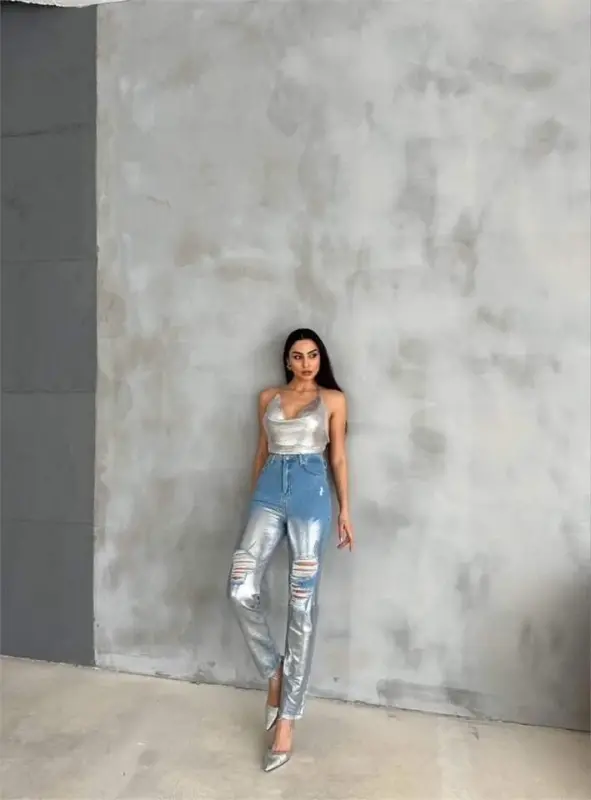 TIK TESHIK VARAQLI MOM KOT PANTOLON - Kumush - 3