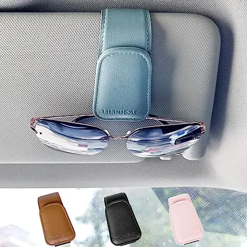 TILDOSAC 2 Pack Sunglasses Holder for Car Visor, Leather Magnetic Sunglass Holder for Car with Clip, (Double Flower Pink) - 4
