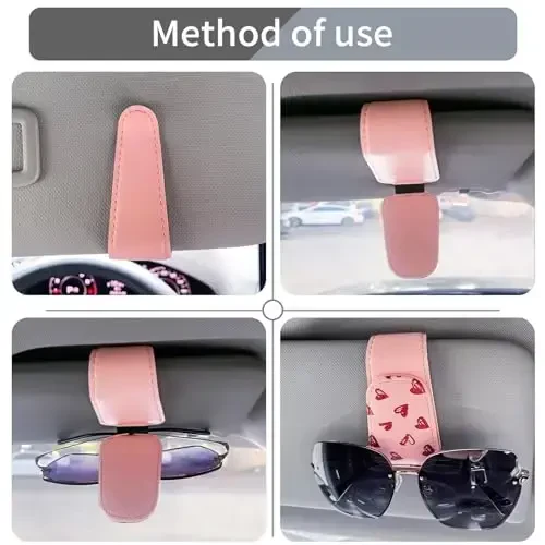 TILDOSAC 2 Pack Sunglasses Holder for Car Visor, Leather Magnetic Sunglass Holder for Car with Clip, Pink - 3