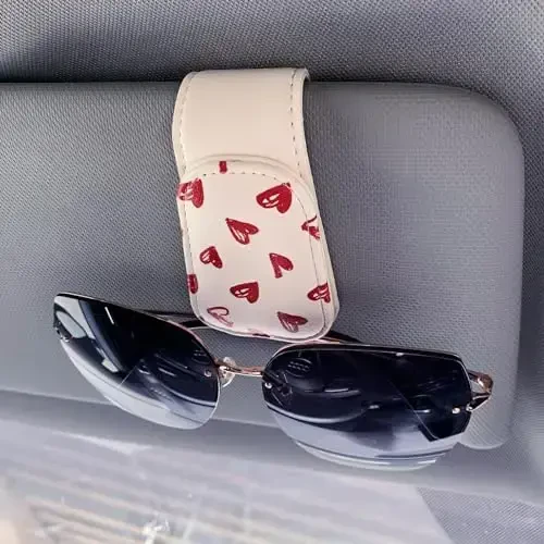 TILDOSAC 2 Pack Sunglasses Holder for Car Visor, Leather Magnetic Sunglass Holder for Car with Clip, (Double Flower Pink) - 2