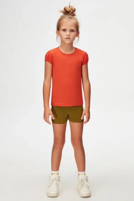 Tile Basic Girl Child Crew Neck Watermelon Sleeve T-Shirt-PUREED PUMPKIN - 1