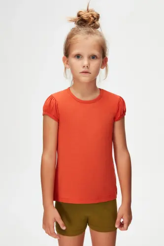 Tile Basic Girl Child Crew Neck Watermelon Sleeve T-Shirt-PUREED PUMPKIN - LOVETTI (1)