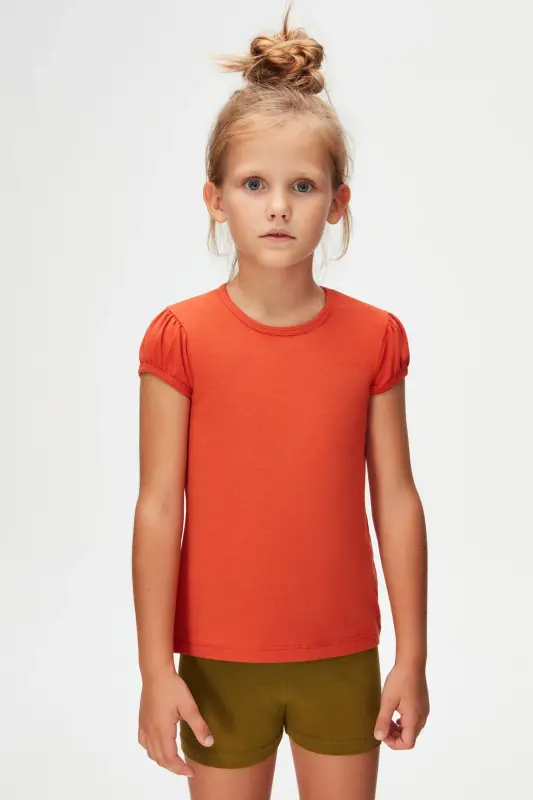 Tile Basic Girl Child Crew Neck Watermelon Sleeve T-Shirt-PUREED PUMPKIN - 2