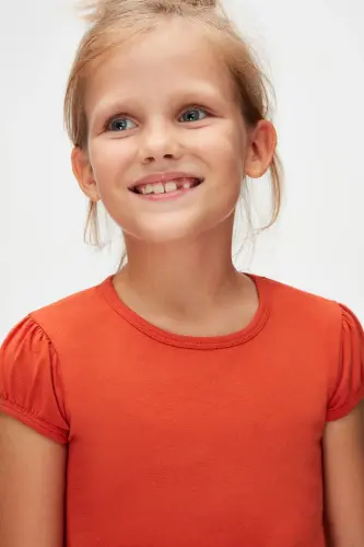 Tile Basic Girl Child Crew Neck Watermelon Sleeve T-Shirt-PUREED PUMPKIN - 3