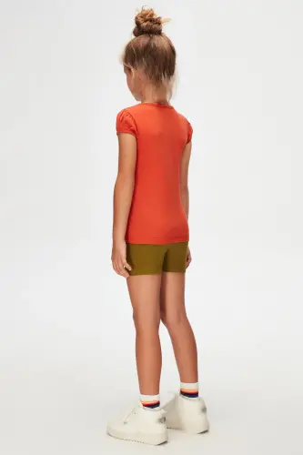 Tile Basic Girl Child Crew Neck Watermelon Sleeve T-Shirt-PUREED PUMPKIN - 4