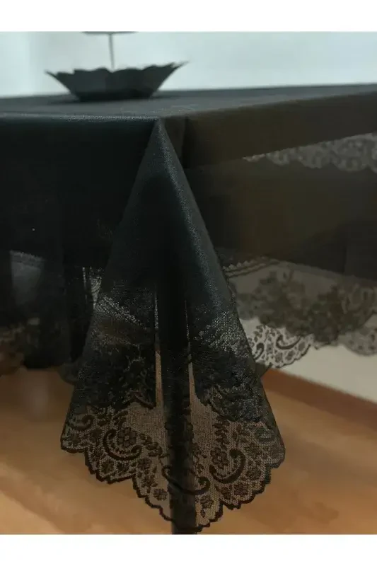 Tile Patterned Stain-Proof Lace Tablecloth Black 160x220 Cm-Black - 2