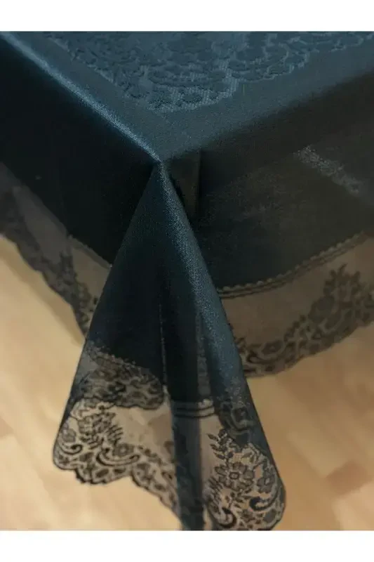 Tile Patterned Stain-Proof Lace Tablecloth Black 160x220 Cm-Black - 3