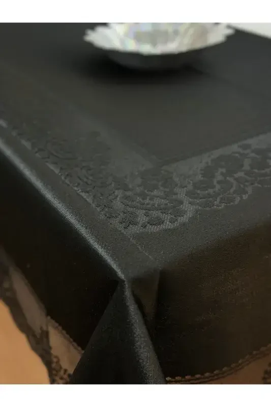 Tile Patterned Stain-Proof Lace Tablecloth Black 160x220 Cm-Black - 4