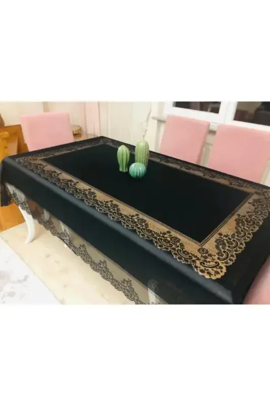 Tile Patterned Stain-Proof Lace Tablecloth Black 160x220 Cm-Black - 7