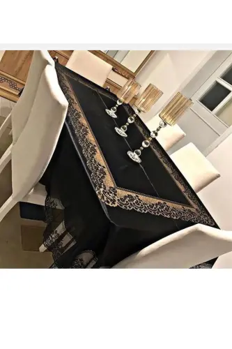 Tile Patterned Stain-Proof Lace Tablecloth Black 160x220 Cm-Black 