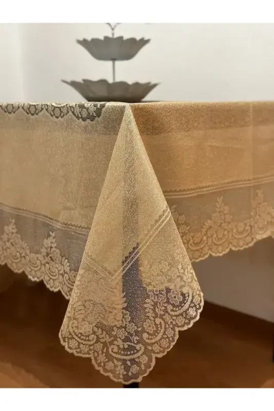 Tile Patterned Stain-Proof Lace Tablecloth, Milk Coffee 160x220 Cm-Milk Coffee - 1