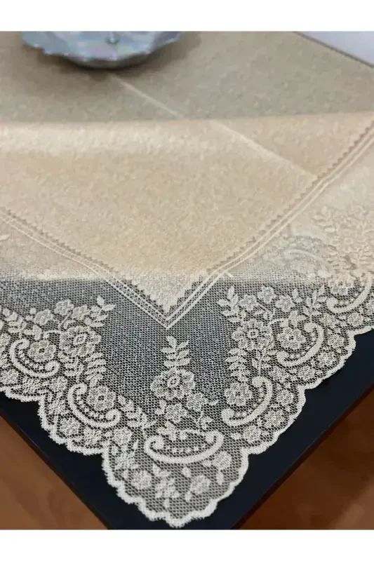 Tile Patterned Stain-Proof Lace Tablecloth, Milk Coffee 160x220 Cm-Milk Coffee - 5