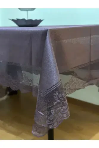 Tile Patterned Stain-Proof Lace Tablecloth Purple 160x220 Cm-Purple - 1
