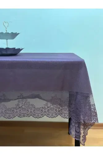 Tile Patterned Stain-Proof Lace Tablecloth Purple 160x220 Cm-Purple - 4