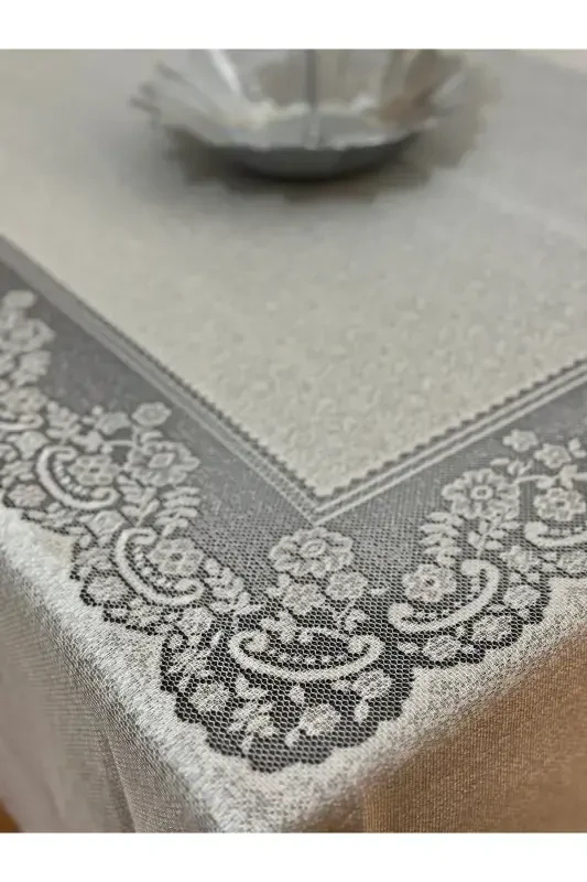 Tile Patterned Stain-Proof Lace Tablecloth Silver 160x220 Cm-Gray - 2