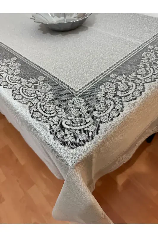 Tile Patterned Stain-Proof Lace Tablecloth Silver 160x220 Cm-Gray - 3