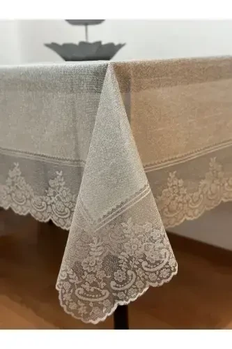 Tile Patterned Stain-Proof Lace Tablecloth Silver 160x220 Cm-Gray - 4