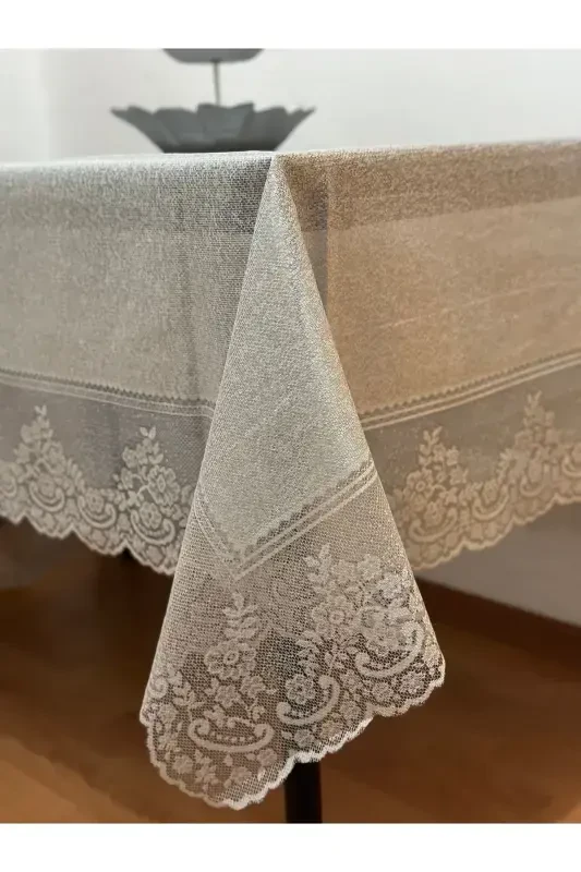 Tile Patterned Stain-Proof Lace Tablecloth Silver 160x220 Cm-Gray - 4