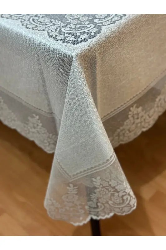 Tile Patterned Stain-Proof Lace Tablecloth Silver 160x220 Cm-Gray - 1
