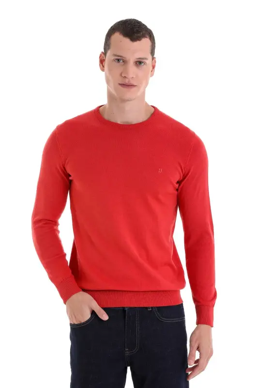 Tile Regular Fit Plain Crew Neck 100% Cotton Knitted Sweater - Tile - HATEMOĞLU