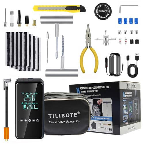 TILIBOTE Tire Repair Kit,50PCS Tire Inflator Portable Air Compressor with 24000mwh Cordless Air Pump (150 PSI) for MPVs, Cars, E-Bikes and Motorcycles - 1