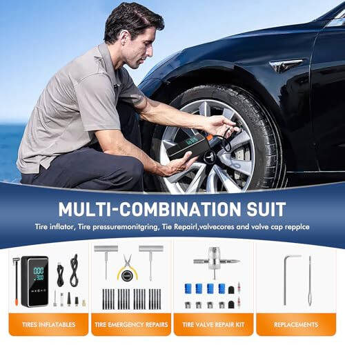 TILIBOTE Tire Repair Kit,50PCS Tire Inflator Portable Air Compressor with 24000mwh Cordless Air Pump (150 PSI) for MPVs, Cars, E-Bikes and Motorcycles - 2