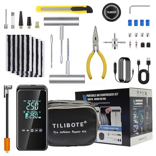 TILIBOTE Shinalarni ta'mirlash to'plami, 24000mwh simsiz havo pompasi (150 PSI) bilan 50 dona shinalarni puflash uchun portativ havo kompressori, MPVlar, avtomobillar, elektron velosipedlar va mototsikllar uchun. - 1