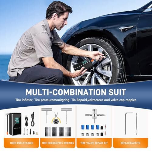 TILIBOTE Shinalarni ta'mirlash to'plami, 24000mwh simsiz havo pompasi (150 PSI) bilan 50 dona shinalarni puflash uchun portativ havo kompressori, MPVlar, avtomobillar, elektron velosipedlar va mototsikllar uchun. - 2