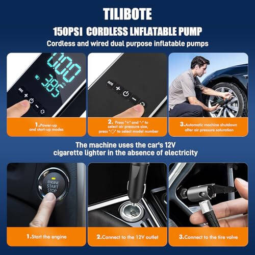 TILIBOTE Shinalarni ta'mirlash to'plami, 24000mwh simsiz havo pompasi (150 PSI) bilan 50 dona shinalarni puflash uchun portativ havo kompressori, MPVlar, avtomobillar, elektron velosipedlar va mototsikllar uchun. - 6