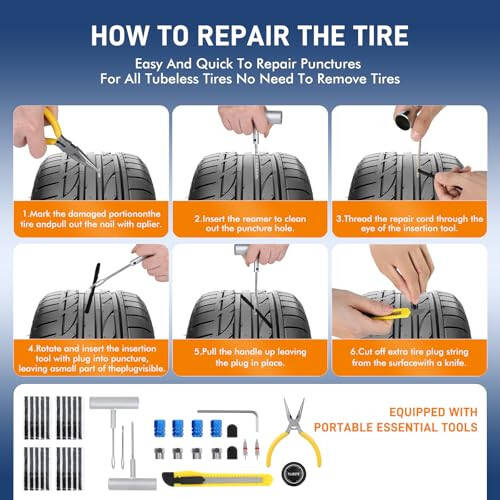 TILIBOTE Tire Repair Kit, 50PCS Tire Inflator Portable Air Compressor with 24000mwh Cordless Air Pump (150 PSI) for MPVs, Cars, E-Bikes and Motorcycles - 3