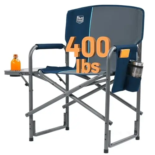 TIMBER RIDGE Aluminum Oversized Camping Chair, Lightweight Portable Directors Chair with Side Table Detachable Side Pocket for Outdoor Camping, Lawn, Picnic, Support 400lbs Blue - TIMBER RIDGE