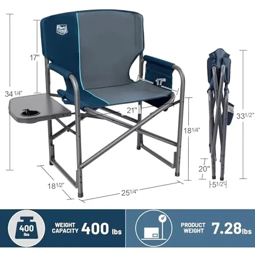 TIMBER RIDGE Aluminum Oversized Camping Chair, Lightweight Portable Directors Chair with Side Table Detachable Side Pocket for Outdoor Camping, Lawn, Picnic, Support 400lbs Blue 2 Pack - 3