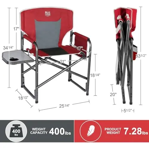 TIMBER RIDGE Aluminum Oversized Camping Chair, Lightweight Portable Directors Chair with Side Table Detachable Side Pocket for Outdoor Camping, Lawn, Picnic, Support 400lbs Red 2 Pack - 3