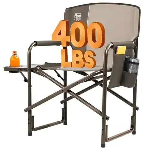 TIMBER RIDGE Aluminum Oversized Camping Chair, Lightweight Portable Directors Chair with Side Table Detachable Side Pocket for Outdoor Camping, Lawn, Picnic, Support 400lbs Tan - TIMBER RIDGE