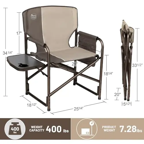 TIMBER RIDGE Aluminum Oversized Camping Chair, Lightweight Portable Directors Chair with Side Table Detachable Side Pocket for Outdoor Camping, Lawn, Picnic, Support 400lbs Tan 2 Pack - 2