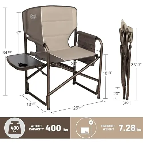 TIMBER RIDGE Aluminum Oversized Camping Chair, Lightweight Portable Directors Chair with Side Table Detachable Side Pocket for Outdoor Camping, Lawn, Picnic, Support 400lbs Tan - 2