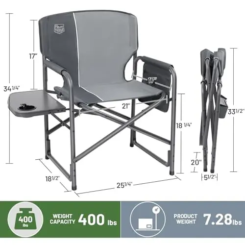 TIMBER RIDGE Aluminum Oversized Camping Chair, Lightweight Portable Directors Chair with Side Table Detachable Side Pocket for Outdoor Camping, Lawn, Picnic, Support 400lbs Gray - 3